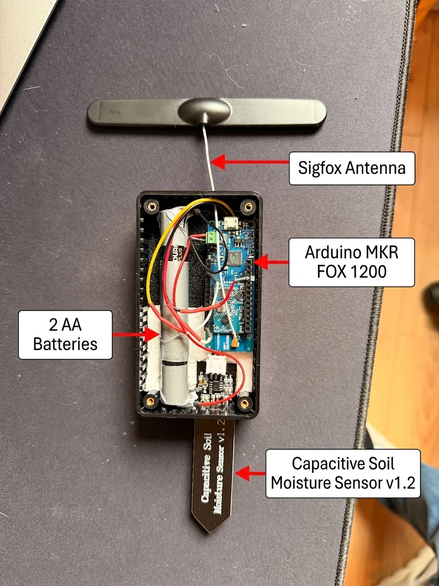 Interieur du boitier : Arduino MKRFox 1200, piles AA, capteur et antenne Sigfox